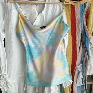 Watercolor pastel silk, satin style top, cowl neck